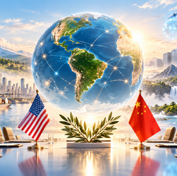 Ilustración geopolítica de un mundo interconectado, inteligencia artificial, comercio, energía e infraestructura como ejes del nuevo orden mundial