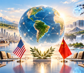 Ilustración geopolítica de un mundo interconectado, inteligencia artificial, comercio, energía e infraestructura como ejes del nuevo orden mundial