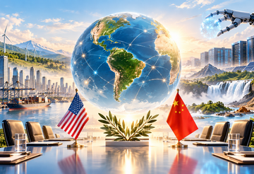 Ilustración geopolítica de un mundo interconectado, inteligencia artificial, comercio, energía e infraestructura como ejes del nuevo orden mundial