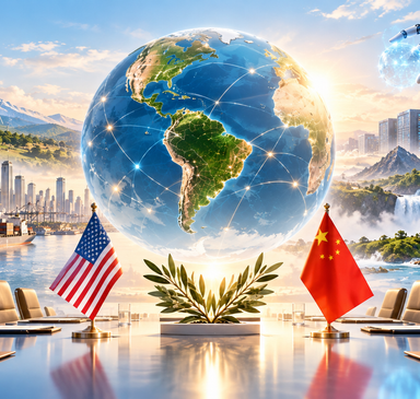 Ilustración geopolítica de un mundo interconectado, inteligencia artificial, comercio, energía e infraestructura como ejes del nuevo orden mundial