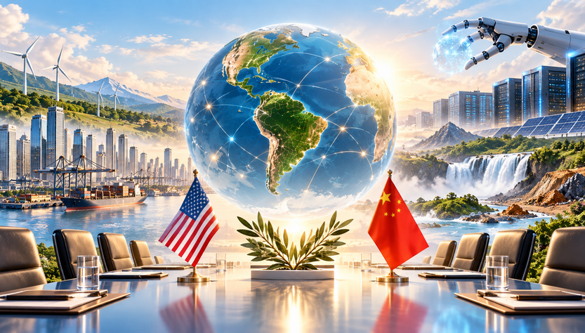 Ilustración geopolítica de un mundo interconectado, inteligencia artificial, comercio, energía e infraestructura como ejes del nuevo orden mundial